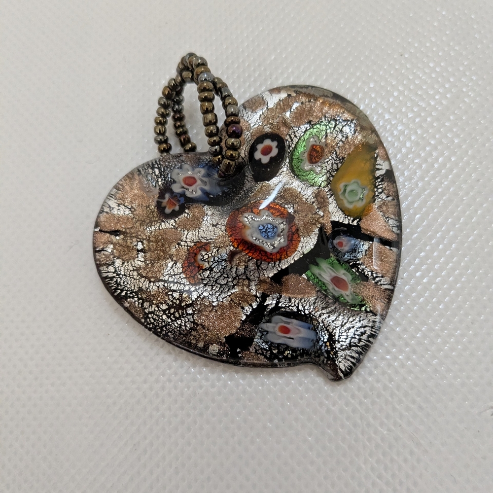 Handcrafted Heart Pendant with Metallic Millefiori Accents - Black & Gold
